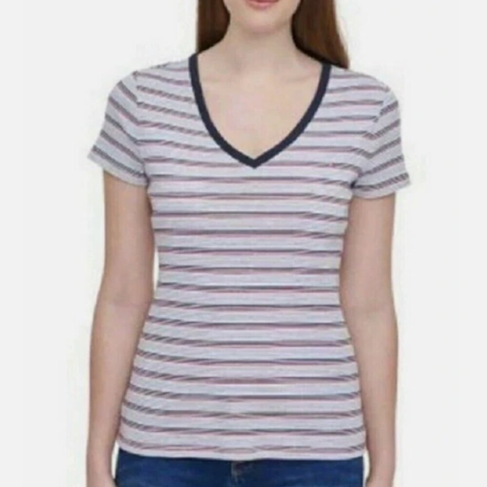 Tommy Hilfiger Striped V-Neck Flag Tee Women’s Small Blue Red Cotton
